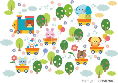 森の中で汽車に乗る動物達のイラスト 114967601