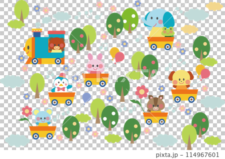 森の中で汽車に乗る動物達のイラスト 114967601