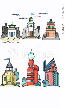 Six colorful handdrawn buildings, various architectural styles, white isolated background. Creative cityscape illustration, cartoonlike drawing, vibrant colors, urban scenery. Unique mix traditional 114967602
