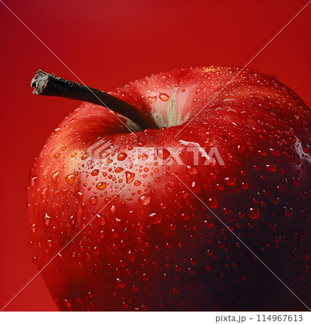 赤い背景と水滴がついた新鮮なリンゴのクローズアップ背景写真 赤い背景と水滴がついた新鮮なリンゴのクローズアップ背景写真 114967613