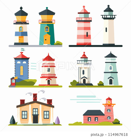 Collection colorful lighthouse illustrations set against isolated white background, different designs architectures, lighthouse unique, ranging classic red white stripes more modern blue yellow Collection colorful lighthouse illustrations set against isolated white background, different designs architectures, lighthouse unique, ranging classic red white stripes more modern blue yellow 114967618