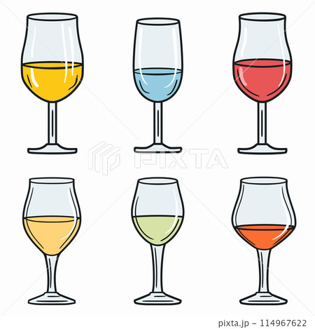 Set six wine glasses different types wine illustrated vibrant colors. Cartoon style beverage icons ideal menu poster design, glass showcases unique liquid color representing various wines Set six wine glasses different types wine illustrated vibrant colors. Cartoon style beverage icons ideal menu poster design, glass showcases unique liquid color representing various wines 114967622