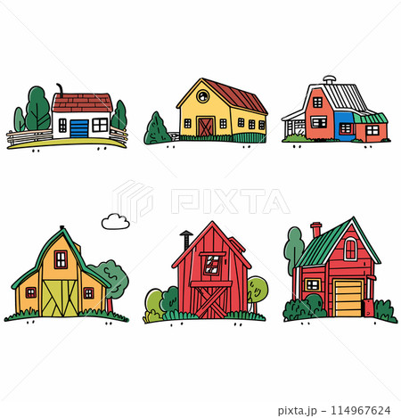 Colorful farmhouses vector illustration isolated white background. Different styles quaint rural homes, lush greenery, diverse architecture. Cartoon country houses, trees, vibrant colors, charming 114967624