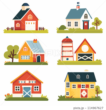 Collection cute stylized houses farm buildings. Colorful vector illustration includes barn, silo, various homes. Graphic style depicts rustic suburban living cartoonlike simplicity Collection cute stylized houses farm buildings. Colorful vector illustration includes barn, silo, various homes. Graphic style depicts rustic suburban living cartoonlike simplicity 114967627