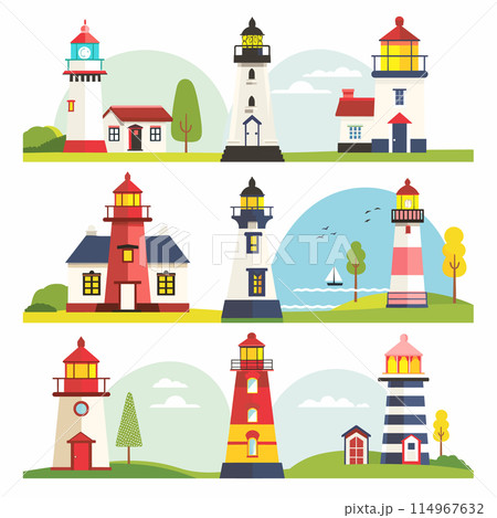 Collection colorful lighthouses, varied designs landscapes. Graphic style flat, nautical theme, coastal settings. Nine distinct lighthouses, showcasing unique architecture color schemes 114967632