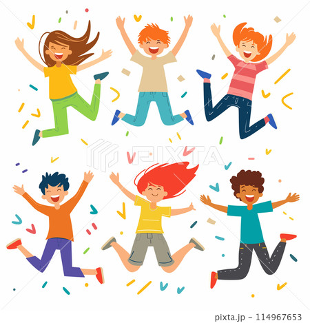 Six diverse children jumping joyfully celebrate. Excitement happiness child friends together, confetti flying. Cartoon kids youthful energy, playful party atmosphere 114967653