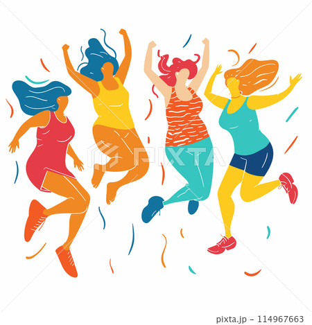 Four women jumping joyfully celebrate diversity happiness. Different ethnicities represented active colorful modern clothes. Dynamic pose energy fun confetti dance party mood 114967663