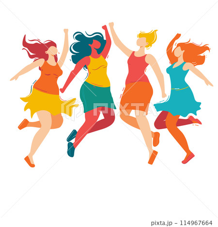Four joyful women dancing freely, celebrating togetherness happiness, full life energy. Vibrant colors, dynamic movement, energetic carefree dance. Women wearing colorful dresses, hair flowing 114967664
