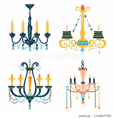 Four various chandeliers, colorful, decorative, interior design elements. Elegant light fixtures illustrations, flat style, classic modern designs isolated white background. Beaded crystals 114967700