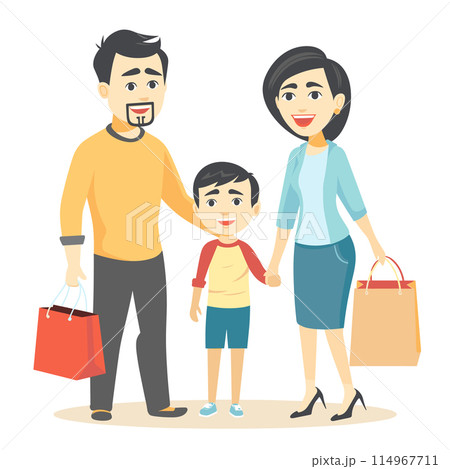 Family shopping trip, happy parents child holding hands bags. Cartoon Asian family smiling, casual attire, mall retail setting. Young boy mother father, cheerful, consumer lifestyle 114967711