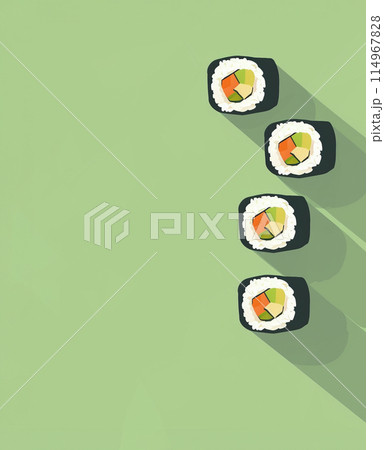 Set of sushi rolls top view over soft green background 114967828
