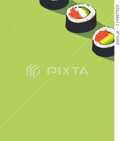 Set of sushi rolls top view over soft green background Set of sushi rolls top view over soft green background 114967829