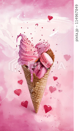 Poster with pink ice cream in a cone with cream, macarons levitating 114967849