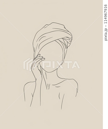 Skincare illustration. Woman with her hair wrapped in an orange towel applying face cream 114967916