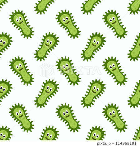 Seamless Pattern with Cute cartoon characters virus, bacteria, microbe. Microbiology organism funny face wallpaper. Mascot expressing emotion background. Vector children illustration in flat design. 114968191