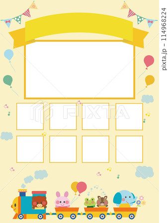 保育園、幼稚園、小学校_写真テンプレート素材_動物と汽車のイラスト　黄色いリボン 114968224