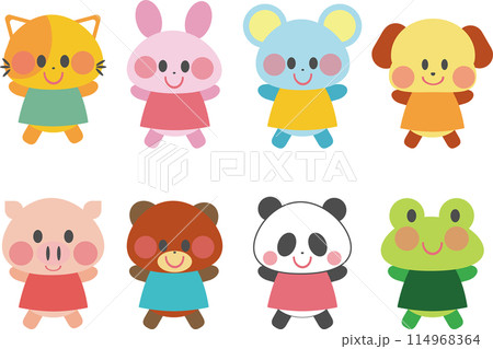 保育動物イラスト全身素材集_うさぎ, 犬, 蛙, 猫, ねずみ, 熊, 豚, パンダ 114968364