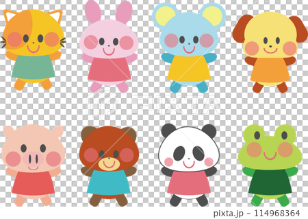 保育動物イラスト全身素材集_うさぎ, 犬, 蛙, 猫, ねずみ, 熊, 豚, パンダ 114968364