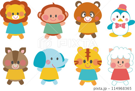 保育動物イラスト全身素材集_ライオン、猿、たぬき、ぺんぎん、しまりす、ぞう、とら、羊 114968365