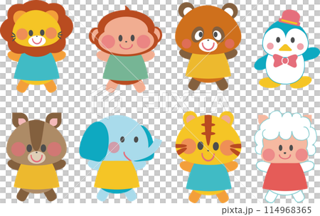 保育動物イラスト全身素材集_ライオン、猿、たぬき、ぺんぎん、しまりす、ぞう、とら、羊 114968365