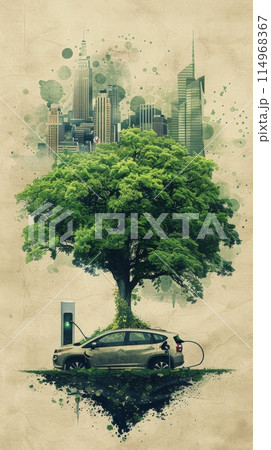 Green tree and charging electric car against backdrop of bustling urban skyline. Harmony in modern urban living and environmental consciousness 114968367