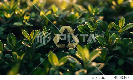 Recycling symbol surrounded by lush background. Importance of ecological awareness and role of recycling in preserving nature 114968368