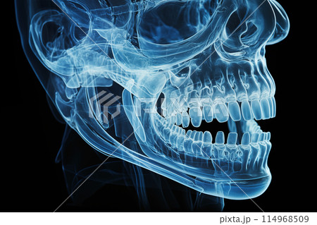 With panoramic x-ray a 3D scan of patient jaw teeth at dentist office AI Generative 114968509