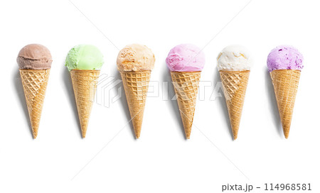 Set of various ice cream scoops in waffle cones Set of various ice cream scoops in waffle cones 114968581