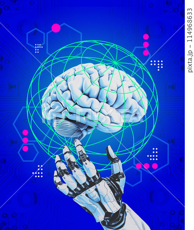 Contemporary art collage. robotic hand reaches to human brain encircled by neoned network lines, as connectivity and intelligence Contemporary art collage. robotic hand reaches to human brain encircled by neoned network lines, as connectivity and intelligence 114968633