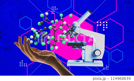 Contemporary art collage. Science and technology integration. Human hand holding molecular structure with microscope. 114968639