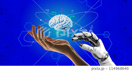 Contemporary art collage. AI and human intelligence integration. brain between human hand and robotic hand. Contemporary art collage. AI and human intelligence integration. brain between human hand and robotic hand. 114968640