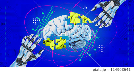 Contemporary art collage. Two robotic hands bring pieces of human brain as puzzle pieces against bright blue background. Contemporary art collage. Two robotic hands bring pieces of human brain as puzzle pieces against bright blue background. 114968641