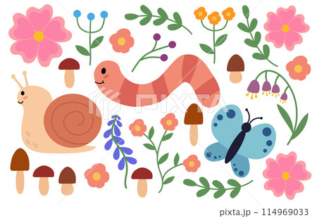 Cute and cozy set of snail, worm, butterfly, mushrooms and flowers. Children clip art. Spring or summer flora and fauna. Vector flat illustration. 114969033