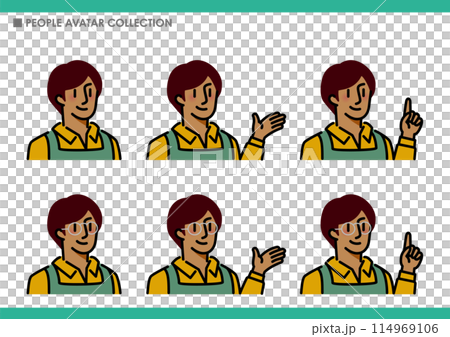 A collection of male poses. Wearing an apron. 114969106