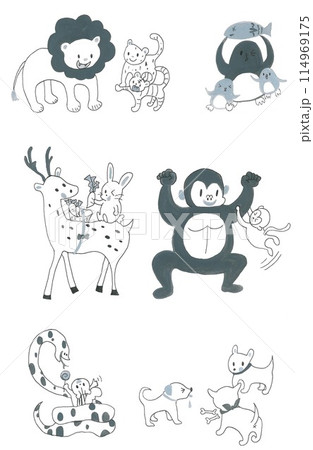 手描きの動物のモノクロイラスト集 ライオン、ゴリラなど 手描きの動物のモノクロイラスト集 ライオン、ゴリラなど 114969175