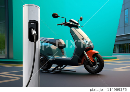 Electric scooter on a city street. Car sharing Electric scooter on a city street. Car sharing 114969376