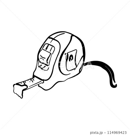 Tape measure illustration, drawing, ink, line art, vector. Measure tape, doodle style, sketch illustration.  114969423