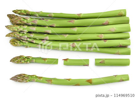 fresh asparagus isolated on white background. Top view. Flat lay. fresh asparagus isolated on white background. Top view. Flat lay. 114969510