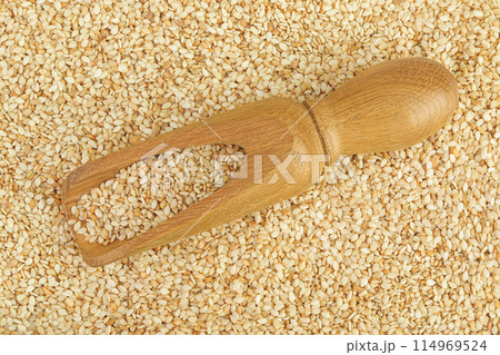 Sesame seeds as a background. Top view. Flat lay Sesame seeds as a background. Top view. Flat lay 114969524