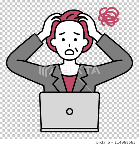 A middle-aged woman in a suit working on a laptop computer looking confused 114969663