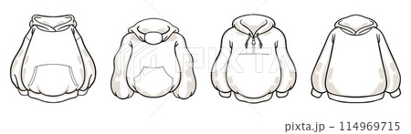 Sweatshirt template. T-shirt design. Clothing with hood and pocket. Outline sweater. Graphic pullover. Oversize sweat. White unisex apparel front view. Vector flat clothes models set Sweatshirt template. T-shirt design. Clothing with hood and pocket. Outline sweater. Graphic pullover. Oversize sweat. White unisex apparel front view. Vector flat clothes models set 114969715