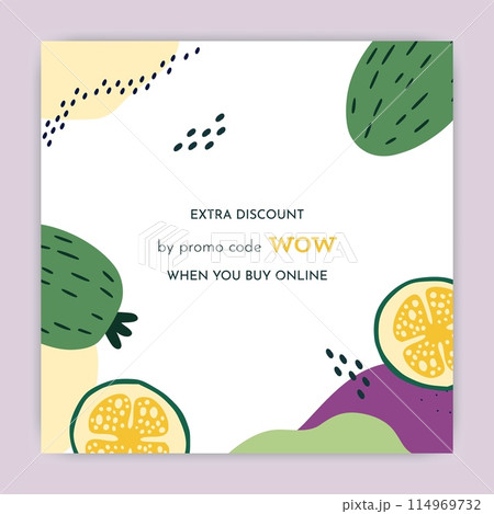 Summer sale. Discount banner with tropical fruit, copy space for text, social media square post template. Marketing design with beautiful exotic plants. Vector cartoon flat isolated illustration 114969732