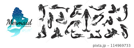 Mermaid silhouette. Little sea woman, tattoo or print design, fairy tale princess on shell with cute fish tail, black hair, baby girl. Fantasy creature. Modern isolated vector icon clipart Mermaid silhouette. Little sea woman, tattoo or print design, fairy tale princess on shell with cute fish tail, black hair, baby girl. Fantasy creature. Modern isolated vector icon clipart 114969733