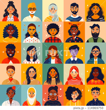 Ethnic and multiracial diversity of the world, myriad of people, diverse in skin tone, height, hair, and age, yet all radiating mutual joy and acceptance 114969750