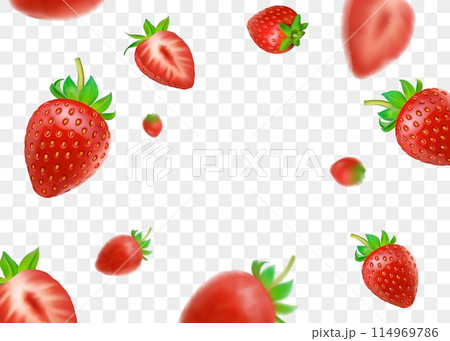 Strawberry background. Flying 3d fall slices for juice or jam advertising or packaging, red juicy food with fresh natural leaves, label decoration. Vector isolated in transparent backdrop 114969786
