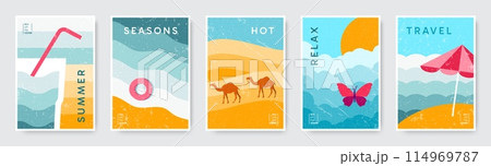 Summer background. Retro travel banner. Abstract sun texture. Summertime vacation. Holiday sky. Desert camel. Sand beach. Water waves. Sunbathing umbrella. Vector minimal posters set Summer background. Retro travel banner. Abstract sun texture. Summertime vacation. Holiday sky. Desert camel. Sand beach. Water waves. Sunbathing umbrella. Vector minimal posters set 114969787