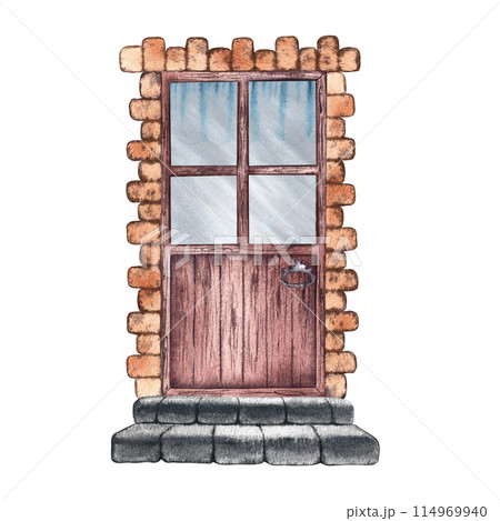 Retro door. Vintage wooden door with stone steps. A watercolor illustration made by hand. Highlight it. A design element for home, children's games, postcards and decor. 114969940