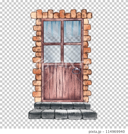 Retro door. Vintage wooden door with stone steps. A watercolor illustration made by hand. Highlight it. A design element for home, children's games, postcards and decor. 114969940