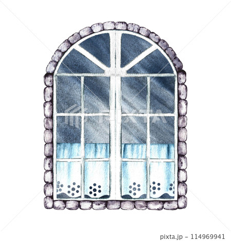 Retro window. Vintage vintage arched window with curtains. A hand-drawn watercolor illustration. Isolate it. A design element for home, children's games, postcards and decor. 114969941