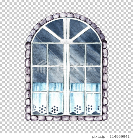 Retro window. Vintage vintage arched window with curtains. A hand-drawn watercolor illustration. Isolate it. A design element for home, children's games, postcards and decor. 114969941